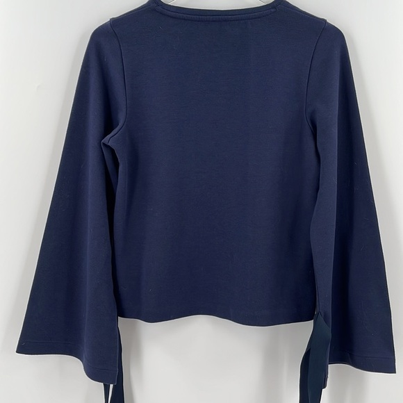 J Crew Navy Tie Bell Sleeve Sweatshirt Pull Over Crew Neck Wrist Bow XSmall - Picture 5 of 9